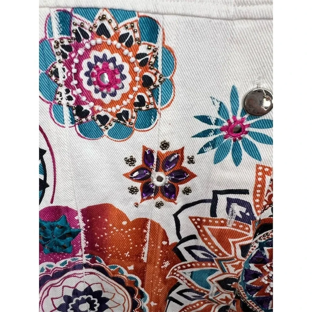 Boston Proper Womens White Mandala Embellished Denim Jacket Size S Boho Beaded - Picture 9 of 16